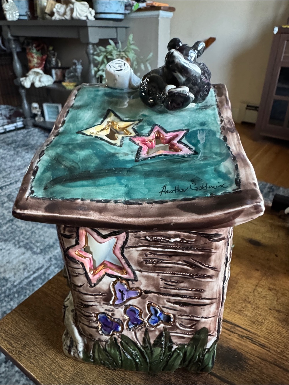 Vintage blue sky clay works  tealight cover with Bear and Stars - - Picture 6 of 8